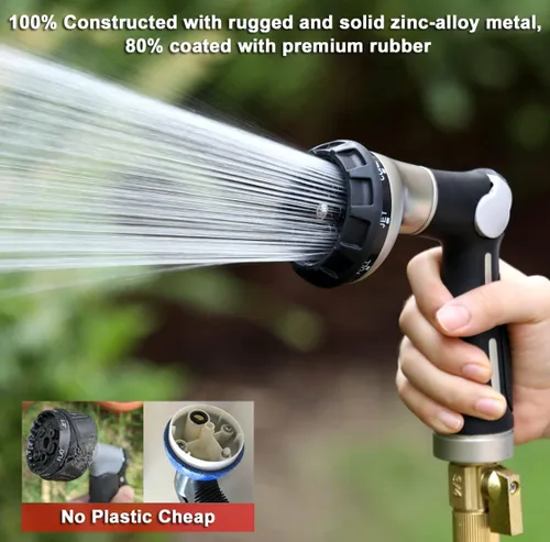 Miniatura 3 de ESOW Boquilla de manguera de jardín 100% metal resistente, rociador de manguera de agua con 8 patrones de riego, válvula de encendido y apagado