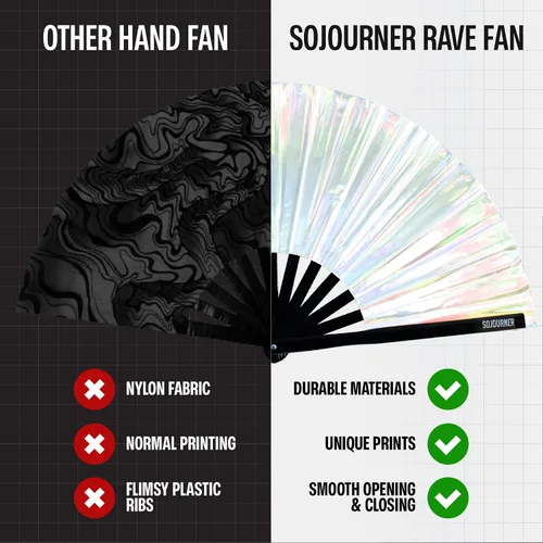 Miniatura 102 de SoJourner Bags Rave Fan – Ventilador plegable grande – Ventilador de mano Clack para raves, Halloween, Burlesque, trajes de arcoíris para mujeres