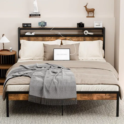 Zevemomo - Base de cama completa con estación de carga, puertos USB y enchufes, base de plataforma tamaño completo con cabecera, base de cama sin