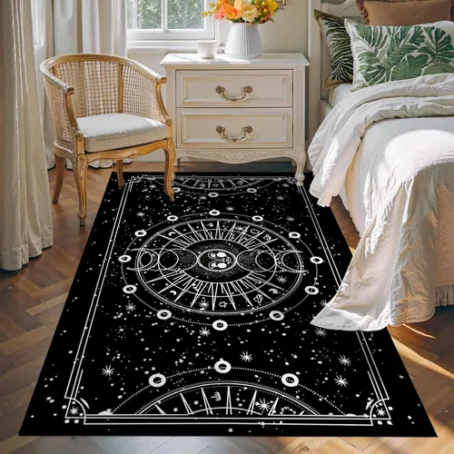 Miniatura 45 de 5' X 7' Alfombra con diseño de sol y luna, alfombras boho celestiales para dormitorio, sala de estar, estilo bohemio, oculto, media luna, solar