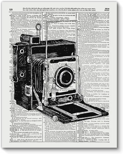 Fotografía de cámara antigua, reproducción de impresión de diccionario vintage, arte de pared contemporáneo para decoración del hogar, póster