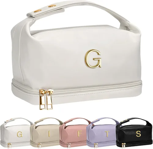 Miniatura 163 de Bolsa de maquillaje con asa, bolsa de cosméticos impermeable de doble capa, bolsas de maquillaje de cuero PU de gran capacidad con letra, bolsa