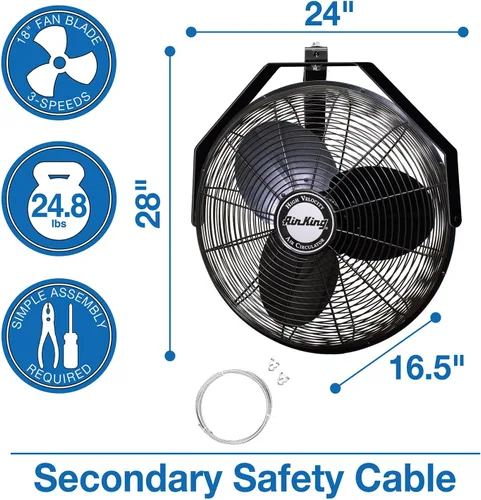 Miniatura 5 de Air King 9518 Ventilador de montaje en pared de grado industrial de 18 pulgadas, 1/6 caballos de fuerza, negro