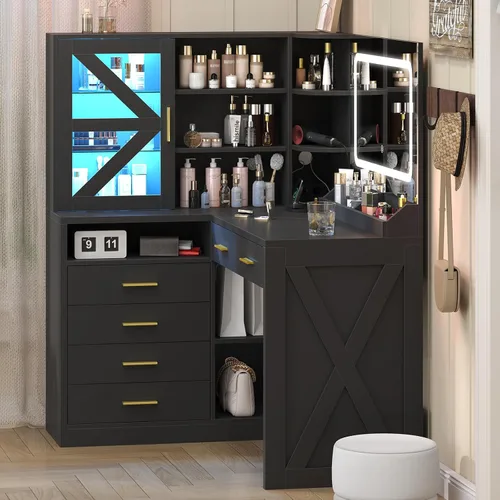 Miniatura 9 de Escritorio esquinero en forma de L con espejo iluminado LED y estación de carga, tocador de maquillaje negro con 6 cajones y gabinete RGB