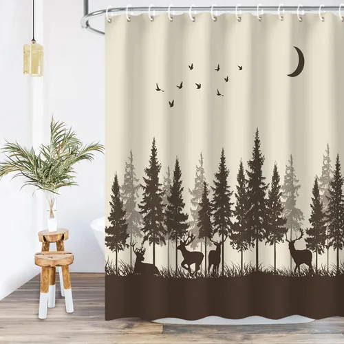 Miniatura 11 de RosieLily Cortina de ducha de cabaña, cortina de ducha rústica, cortinas de ducha de oso y ciervo, cortinas de ducha con 12 ganchos, juego