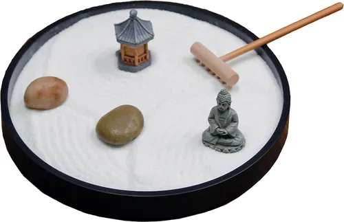 Miniatura 2 de Nature's Mark Mini kit de jardín zen para escritorio con rastrillo, arena blanca, base redonda negra, figura de pagoda en miniatura, rocas de río