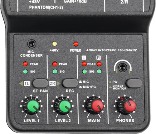 Miniatura 6 de Mezclador de audio de 2 canales, consola de mezcla, tablero de sonido, mezclador profesional USB, potencia de 48 V, alta precisión, resolución