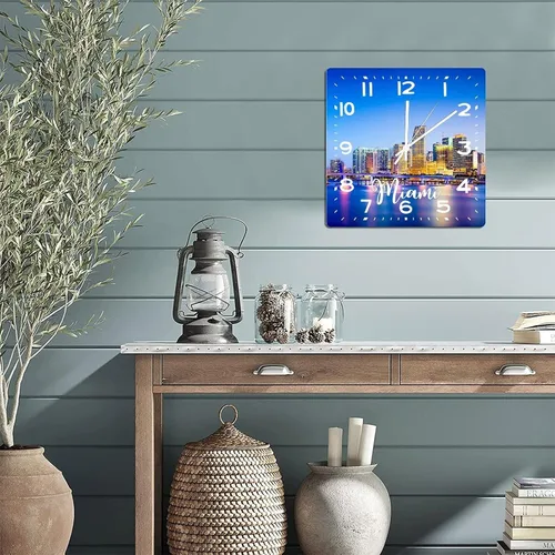 Miniatura 8 de Reloj de pared American Florida State Miami City Skyline Paisaje urbano Vista de la ciudad Reloj clásico de madera sin tictac funciona