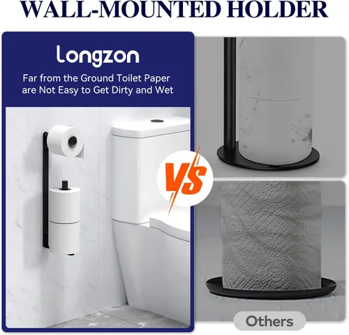Miniatura 7 de Longzon Soporte de papel higiénico negro mate de pared autoadhesivo, soporte de papel higiénico de almacenamiento para 3 rollos de papel de seda