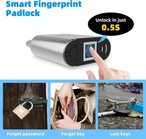 Miniatura 2 de Candado de huellas dactilares, cerradura inteligente biométrica, IP66 impermeable, cerradura de gimnasio de aleación de zinc recargable