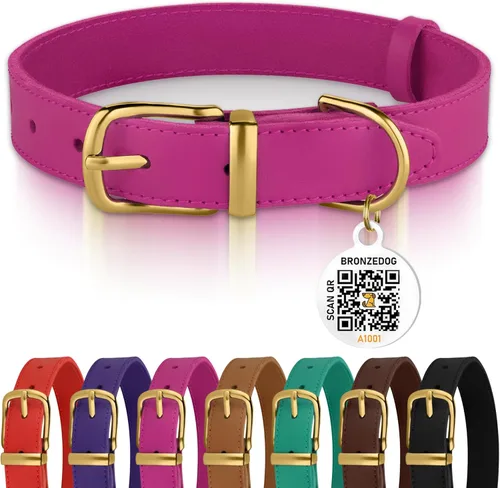 Miniatura 9 de BRONZEDOG Collar de cuero para perro con etiqueta de identificación QR, collares básicos para mascotas pequeños mini, gatos, cachorros