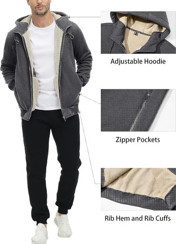 Miniatura 4 de MAGCOMSEN Chaqueta Sherpa con capucha de forro polar para hombre, con cremallera completa, cálida, mullida, resistente al viento, abrigos