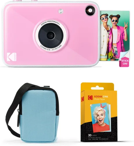 Kodak Printomatic+ Paquete de inicio de cámara digital de impresión instantánea + funda de transporte (azul) + papel fotográfico Zink con parte Rosa