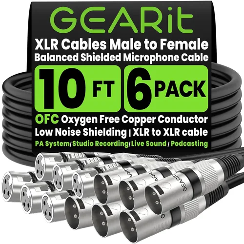 GEARit XLR - Cable de micrófono macho a hembra (10 pies, paquete de 6) mezclador blindado equilibrado de 3 pines, estudio de grabación, podcast,