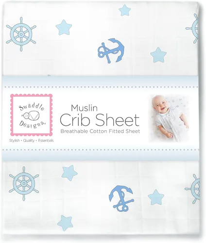 Miniatura 2 de SwaddleDesigns Sábana bajera ajustable de muselina de algodón más suave para bebé niño y niña, azul pastel Ahoy!