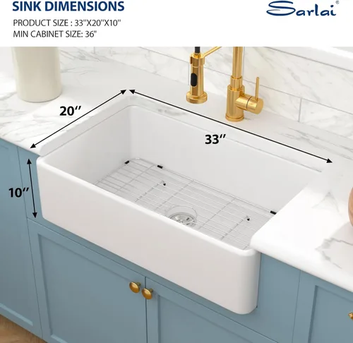 Miniatura 9 de Sarlai - Fregadero de cocina de granja blanco de 33 pulgadas, fregadero de 84 x 51 cm con delantal frontal de cerámica de porcelana vítrea