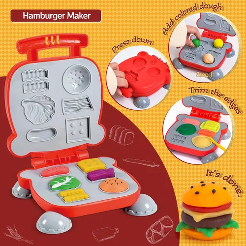 Miniatura 4 de Juego de Masa Colorida 3 en 1 para Niños de 3 a 8 años, Kit de Accesorios para Masa, Set de Helado, Fideos, Hamburguesa, Creaciones de Cocina