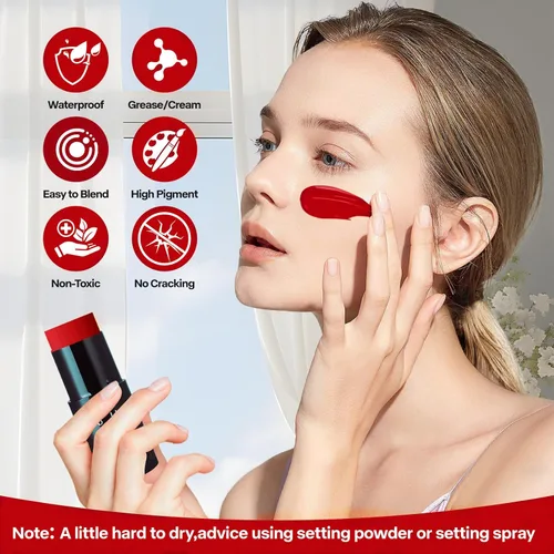 Miniatura 4 de Go Ho Barra de Pintura Facial Roja Mezclable en Crema (30 g), Maquillaje de Cuerpo Rojo de Cobertura Total para Adultos, Niños, Halloween, Cosplay