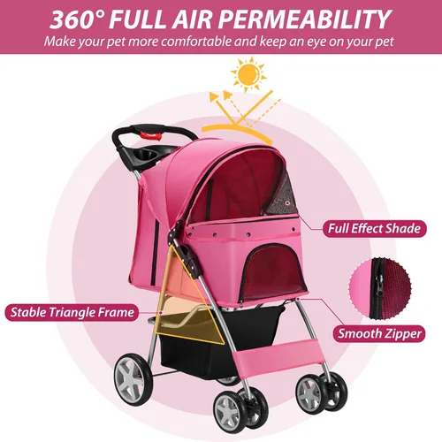 Miniatura 6 de Unisakey Cochecito para mascotas de 4 ruedas para perros pequeños y medianos y gatos, 10 a 33 libras, cochecito plegable para perros y gatos con Rosa