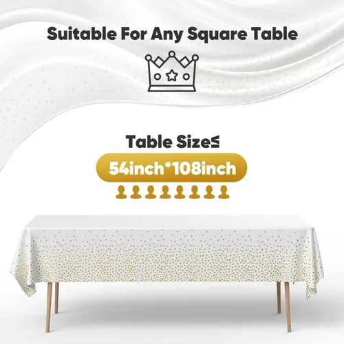 Miniatura 2 de Paquete de 2 manteles de plástico desechables, de 54 x 108 pulgadas, color blanco y dorado, para fiestas, impermeables y resistentes a la grasa