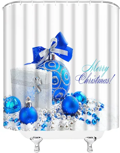 Miniatura 3 de AMFD Cortina de ducha de Feliz Navidad, bolas de Navidad azules, fantasía, vacaciones de invierno, feliz año nuevo, blanco, juego de decoración