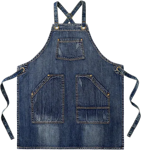 Miniatura 22 de Delantal Tobyan de Mezclilla de Algodón Suave - Delantal Unisex Ajustable con Babero de 5 Bolsillos Perfecto para Cocinas ZD-azul