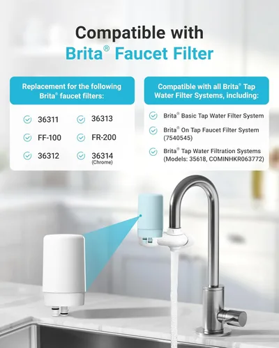 AQUA CREST Filtro de agua para grifo 7027W, repuesto para filtro Brita®, sistema de filtración de agua del grifo Brita® Faucet 36311, FR-200, Blanco