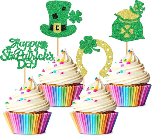 Miniatura 14 de Juego de 1 palillos para tartas de trébol, decoración de trébol con purpurina verde dorada para cumpleaños, baby shower, suministros de fiesta