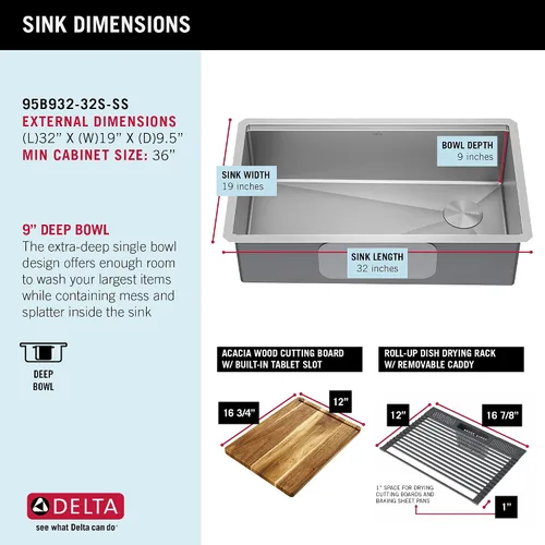 Miniatura 6 de DELTA FAUCET 95B932-32S-SS Lorelai - Lavabo de cocina Lorelai para estación de trabajo, de acero inoxidable, montaje bajo encimera, tarja única