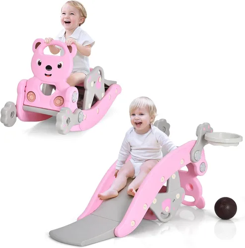 Miniatura 10 de Costzon - Juego de tobogán para niños pequeños de 5 en 1, juguete con columpio, tobogán para niños con taburete desmontable, aro de baloncesto