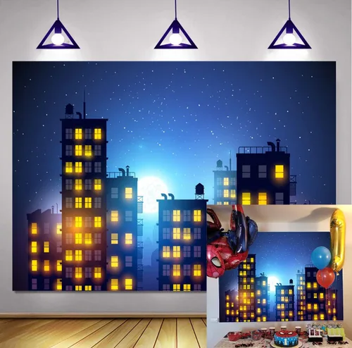Fondo de fotografía de Ciudad de superhéroes, hermoso tema de la ciudad de la luna, fondo de fondo para fiesta de cumpleaños de niños, carteles de
