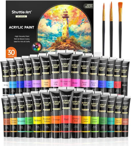 Juego de pintura acrílica de 30 colores Shuttle Art, tubos de 36 ml con 3 pinceles, pintura acrílica de grado artista, para niños, adultos y