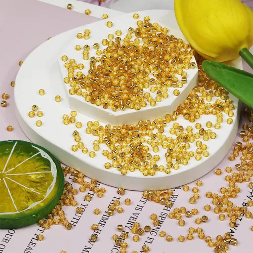 Miniatura 100 de Cuentas de semillas doradas transparentes de 4 mm al por mayor para hacer joyas, 110 gramos, aproximadamente 1600 piezas, cuentas de vidrio 6/0