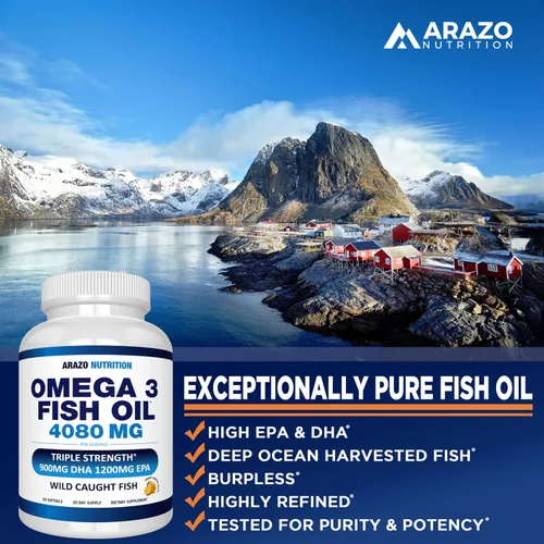 Miniatura 6 de Arazo Nutrition Concentrado de aceite de pescado omega-3 capturado en la naturaleza – 4,080 mg por porción – EPA alto 1200 mg y DHA 900 mg – 60
