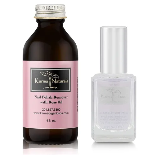 Karma Organic Paquete de removedor de esmalte de uñas y capa base – Removedor de esmalte de uñas de aceite de rosa natural (4 onzas líquidas) dos en