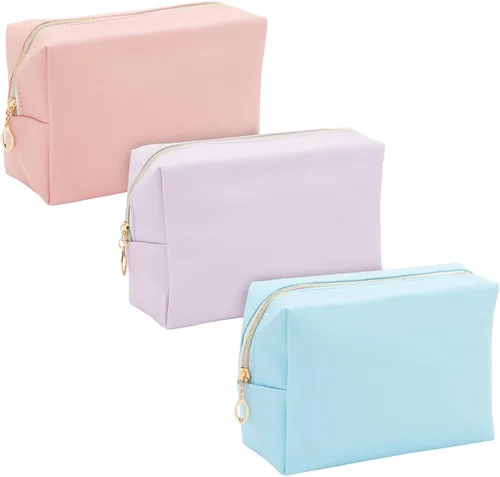 Miniatura 8 de Glamlily Paquete de 3 bolsas de maquillaje de piel sintética con cremallera, bolsas de cosméticos de viaje (3 colores neutros)