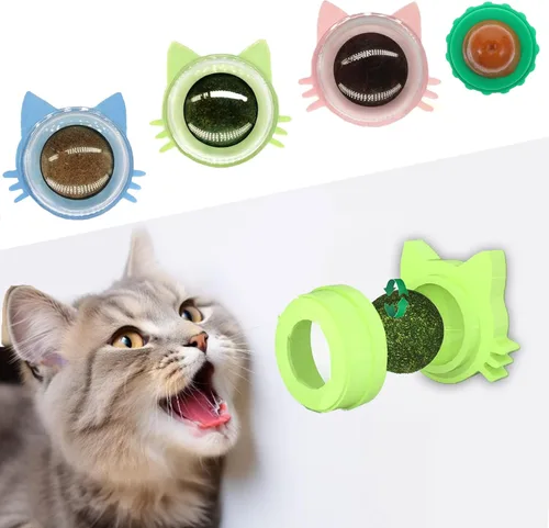 4 juguetes de hierba gatera para gatos, juguetes para gatos, 4 sabores, bola de vid plateada en la pared, golosinas masticables para limpiar los