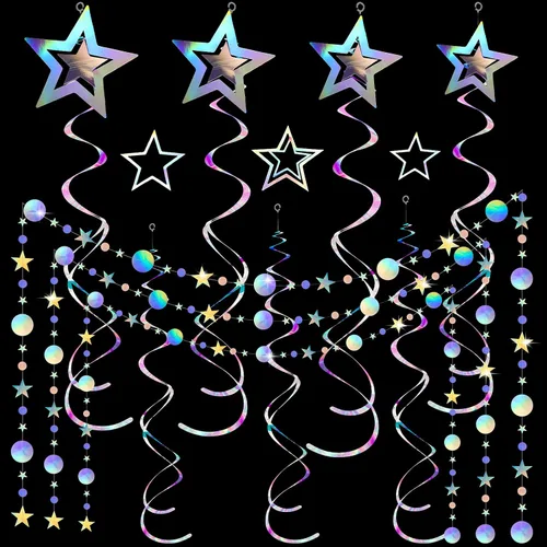 37 piezas de decoraciones holográficas iridiscentes para fiestas, remolinos con purpurina, guirnalda de galaxia, suministros de fiesta de estrella