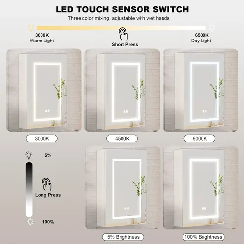 Miniatura 3 de Gabinetes de medicina LED para baño, botiquín iluminado con espejo, tocador de baño de montaje en superficie con almacenamiento, brillo ajustable
