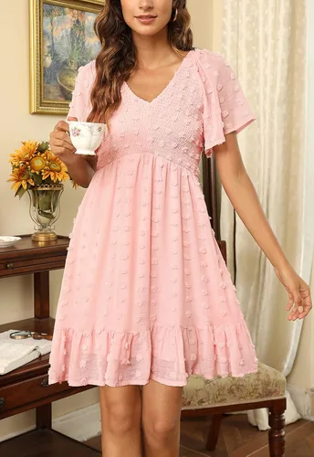 Miniatura 2 de Annebouti Vestido corto de verano para mujer, manga corta, cuello en V, volantes, floral, lunares suizos, fruncido