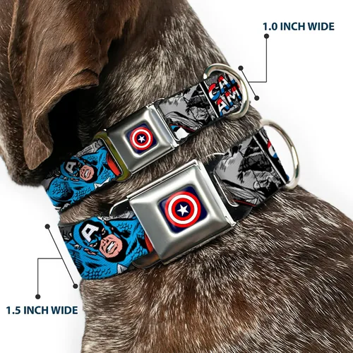 Miniatura 2 de Collar de perro con hebilla de cinturón de seguridad Capitán América 2 Poses Comic Blocks Grises Rojo Blanco Azul 9 a 15 pulgadas 1.0 pulgadas