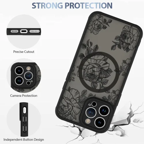 Miniatura 4 de AIGOMARA Funda para iPhone 13 Pro Max [compatible con MagSafe] Diseño de patrón floral de flores negras para mujeres y niñas, TPU suave, parte
