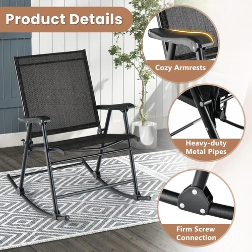 Miniatura 7 de Tangkula Juego de 2 mecedoras plegables para patio con tela de asiento transpirable y marco de metal resistente, movimiento mecedor suave, balancín