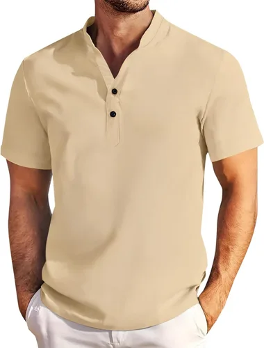 Miniatura 7 de Camisa de lino para hombre, manga larga, Henley, casual, verano, grande, alta, algodón, ligera, para negocios, trabajo, vacaciones, crucero