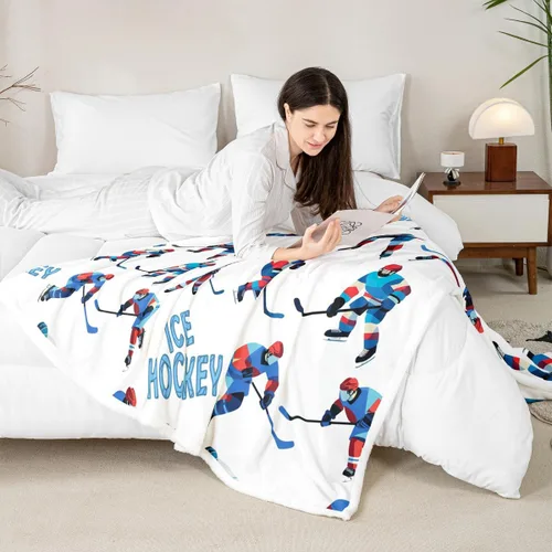 Miniatura 5 de Erosebridal Manta de Cama de Felpa de Hockey sobre Hielo Manta Temática de Juegos Deportivos Decoración de Dormitorio, Manta Sherpa de Jugadores