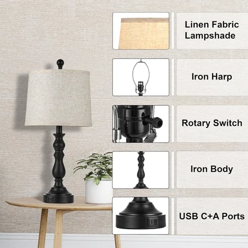 Miniatura 8 de Juego de 2 lámparas de mesa de granja de 23 pulgadas para sala de estar, con puertos USB C+A, lámpara de noche retro para dormitorio, oficina, negro