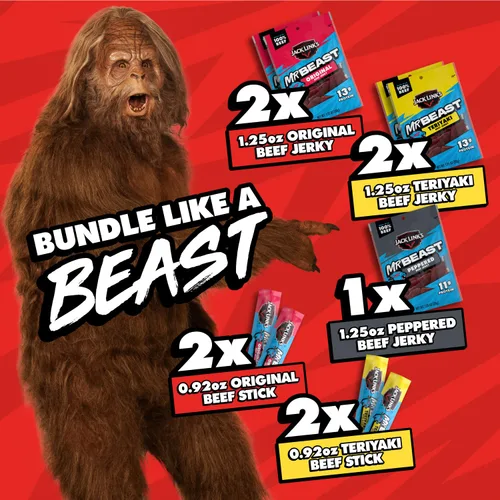 Miniatura 7 de Jack Link's x MrBeast - Paquete variado de carne seca y palitos – Original, condimentado y teriyaki – Snacks de proteína de carne real listos