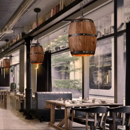Miniatura 2 de Lámpara colgante de barril de madera antigua para decoración de interiores, lámpara colgante de techo retro industrial ajustable para sala de estar