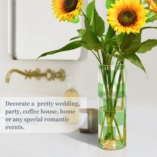 Miniatura 4 de Florero de plástico a cuadros americanos verdes y blancos para flores, 11.8 x 3.9 pulgadas, jarrón decorativo para boda, estante de entrada moderno
