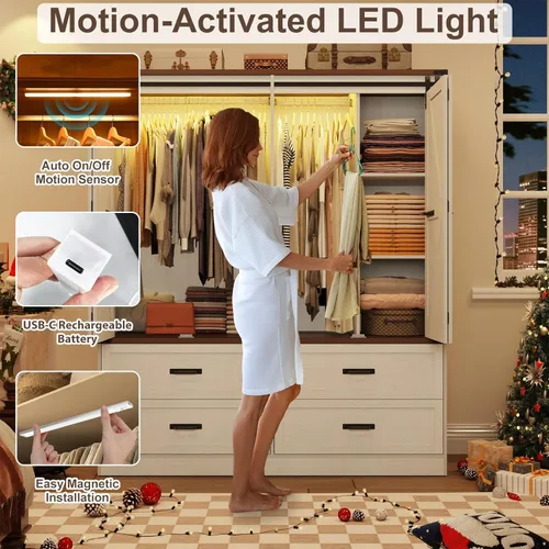 Miniatura 4 de Armario de guardarropa de granja con 4 puertas, armario de dormitorio con puerta corrediza plegable estilo granero y luces, armario de dormitorio